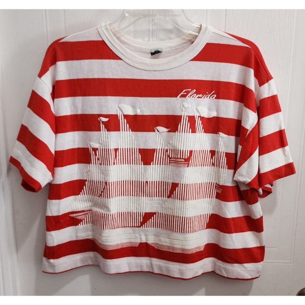 Vtg Short Sleeve Cropped Single Stitch TShirt Red White Striped Sailboats Sz XXL